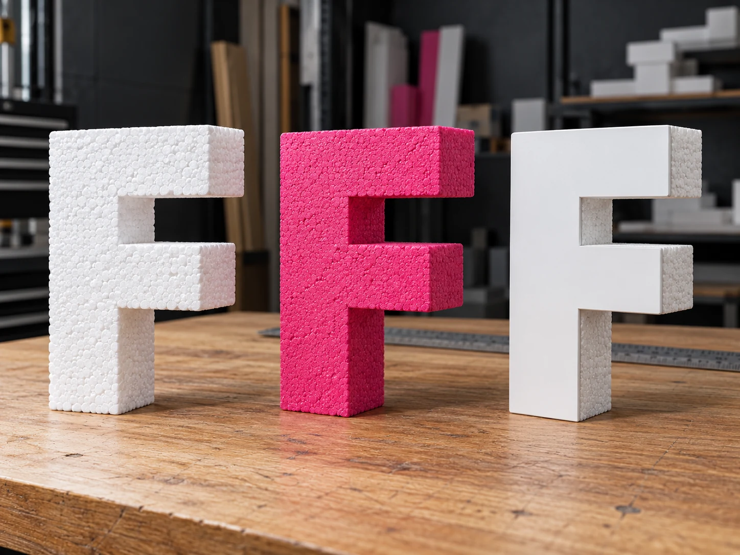 Illustrative finish comparison: raw white foam on the left, textured pink painted foam in the centre, and a smooth rigid white front face on the right