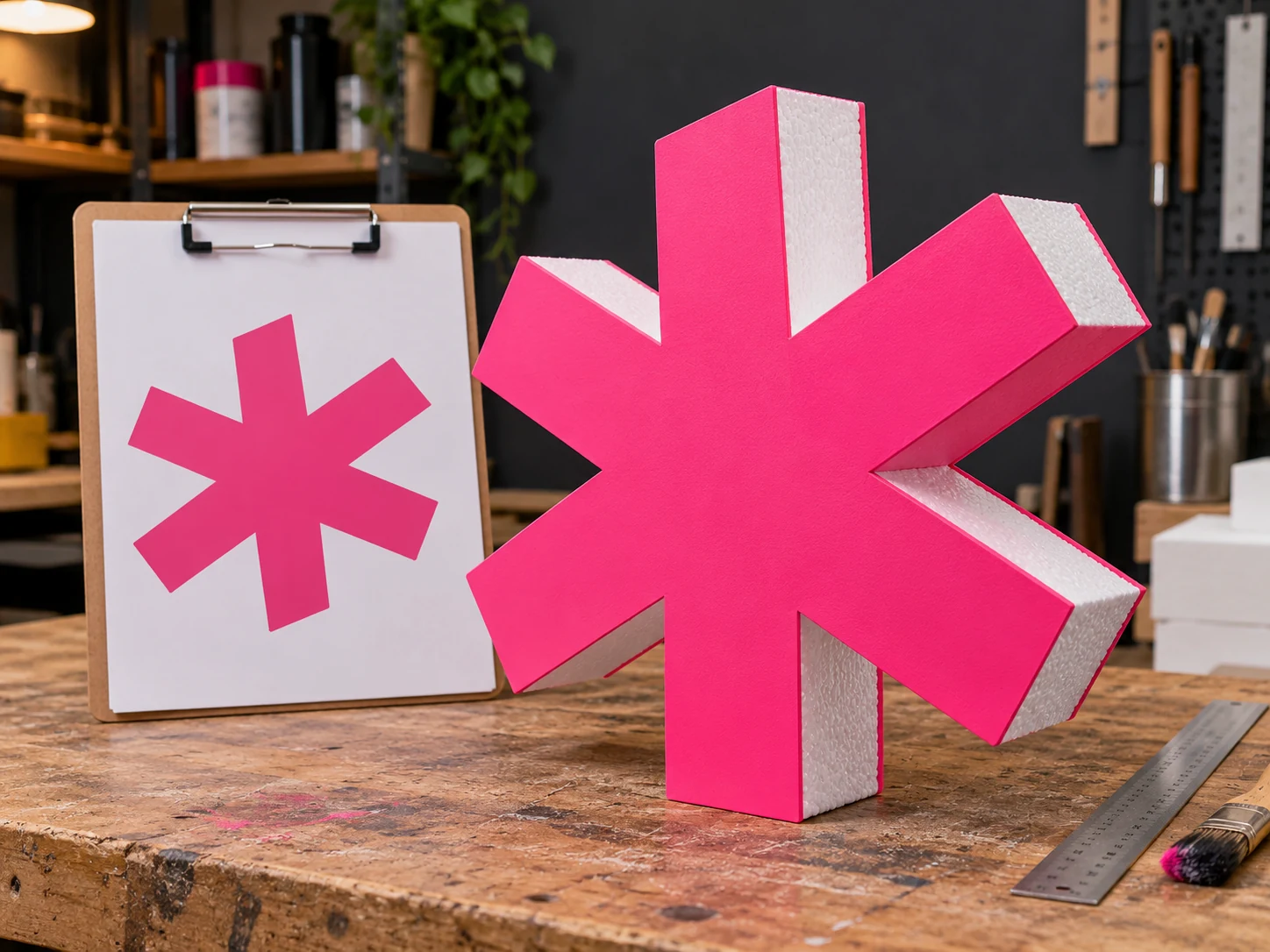 Illustrative pink logo artwork beside its matching three-dimensional foam shape on a fabrication bench
