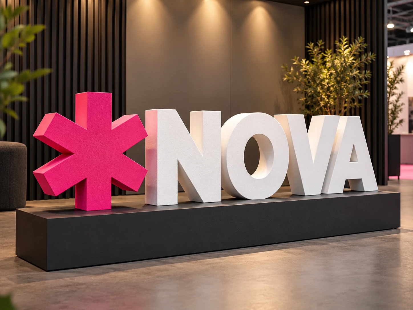 Illustrative dimensional foam brand display with a pink star emblem and white NOVA lettering on an exhibition plinth